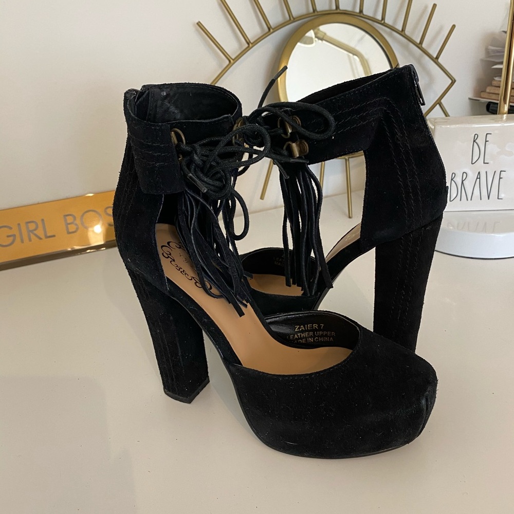 Black fringe heels - lightly worn